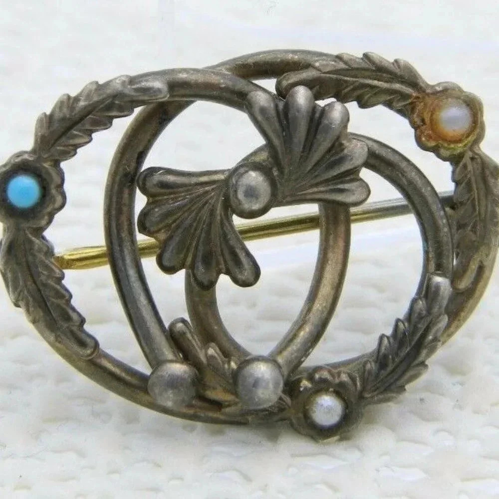 Antique Victorian Gold Filled Faux Pearl Blue Pin